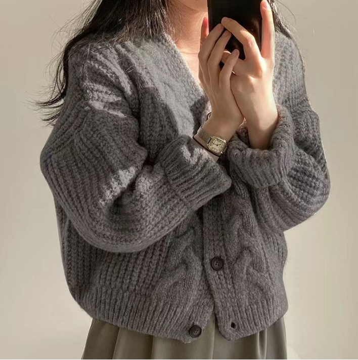 Autumn Women's V-neck Puff Sleeve Loose Knitted Cardigan