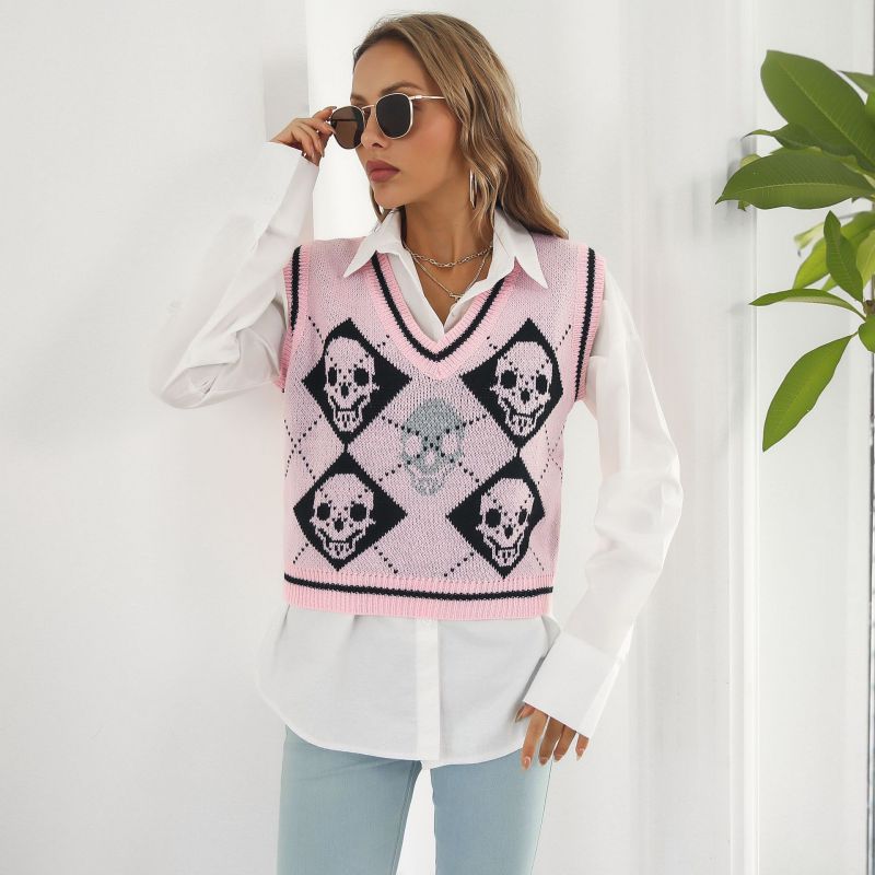 Personalized Women's Skull Print Sweater Vest for Events