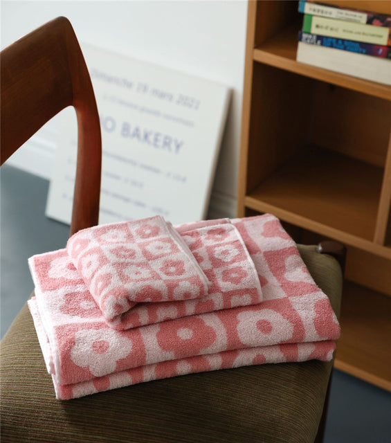 Retro Checkered Flowers Cotton Bath Towel 70x140cm
