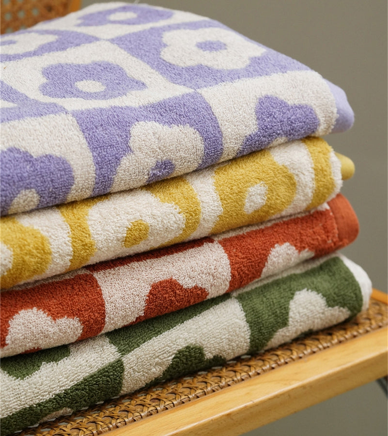 Retro Checkered Flowers Cotton Bath Towel 70x140cm