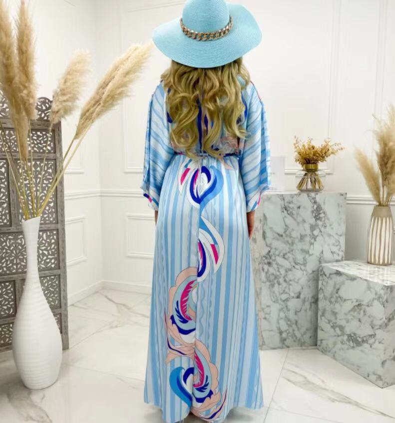 V-Neck Short Sleeve Printed Long Dress for Women