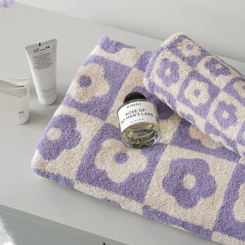 Retro Checkered Flowers Cotton Bath Towel 70x140cm
