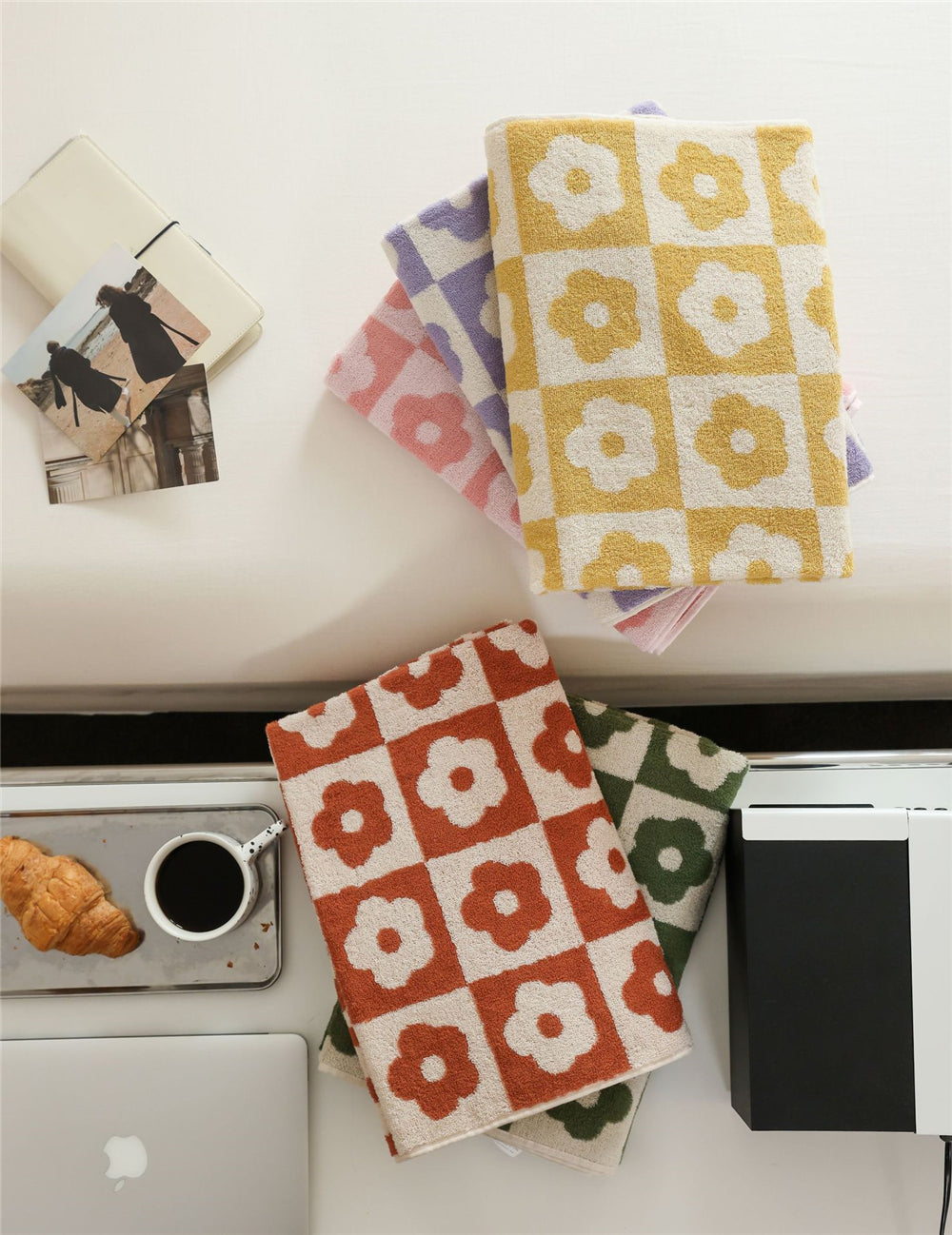 Retro Checkered Flowers Cotton Bath Towel 70x140cm