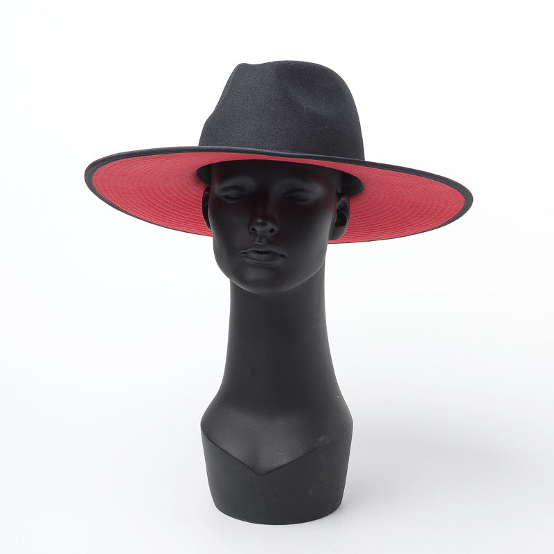 Women's Color-blocking Wool Hat with Large Brim