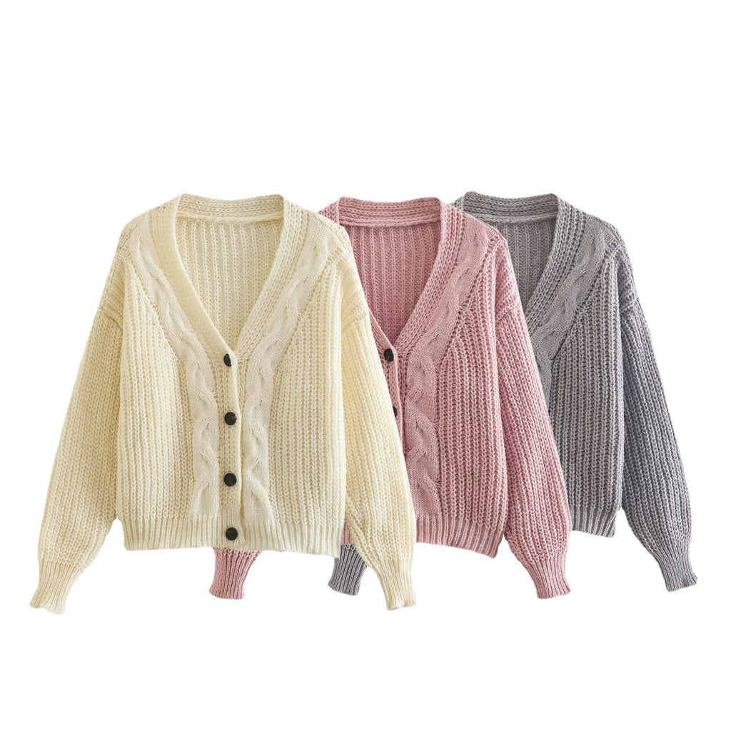 Autumn Women's V-neck Puff Sleeve Loose Knitted Cardigan