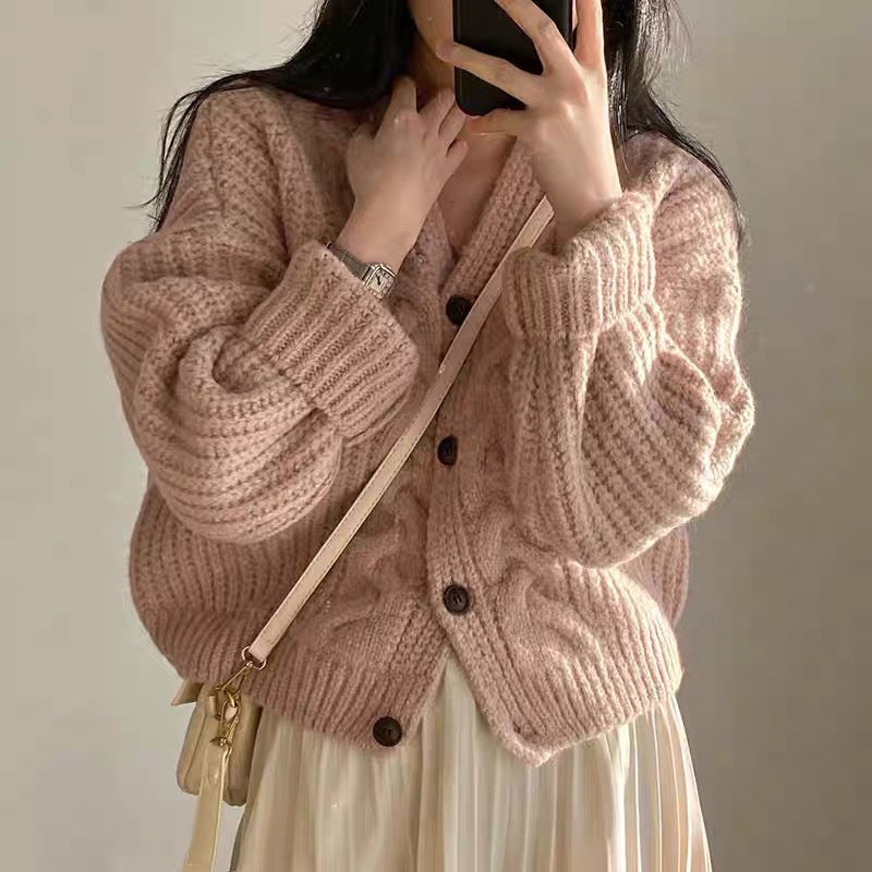 Autumn Women's V-neck Puff Sleeve Loose Knitted Cardigan