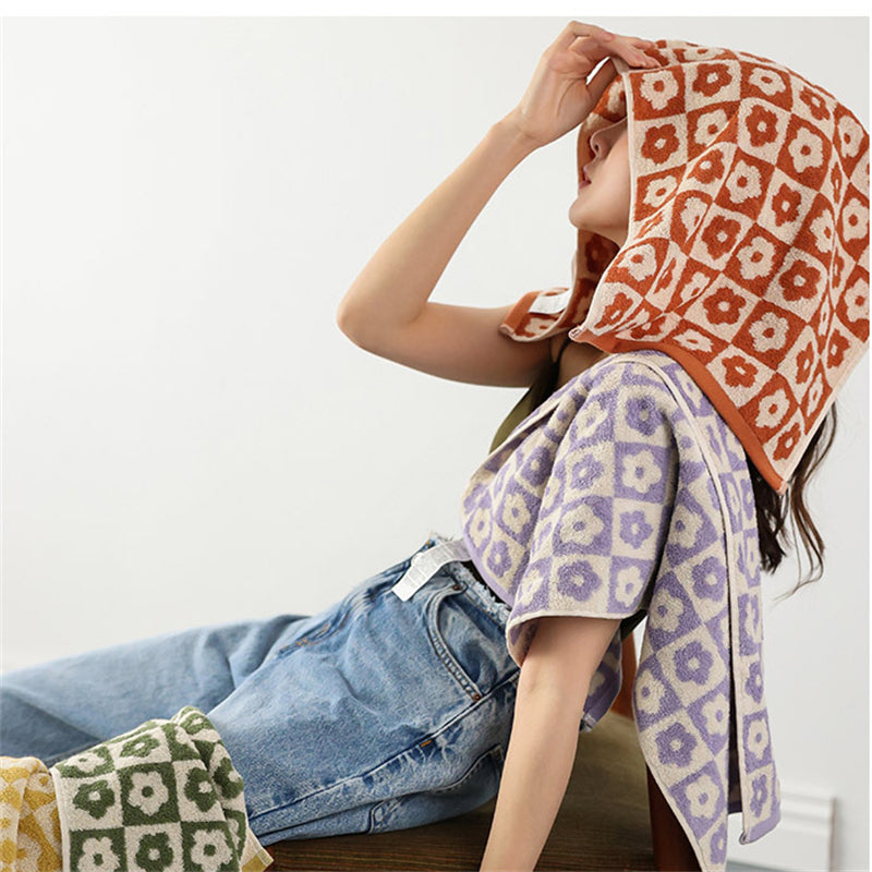 Retro Checkered Flowers Cotton Bath Towel 70x140cm