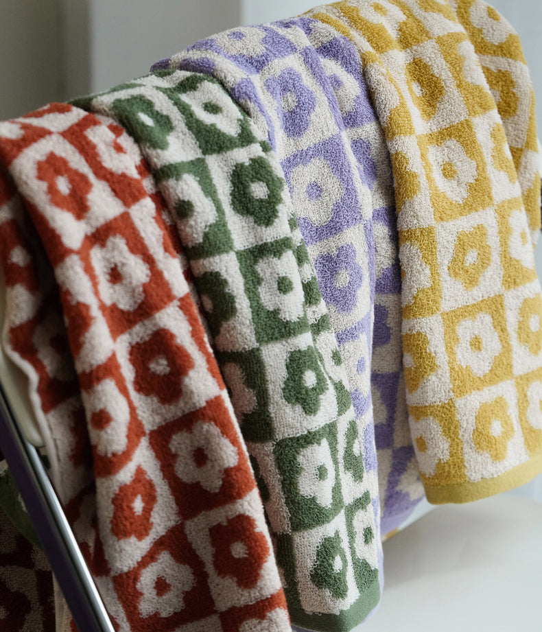 Retro Checkered Flowers Cotton Bath Towel 70x140cm